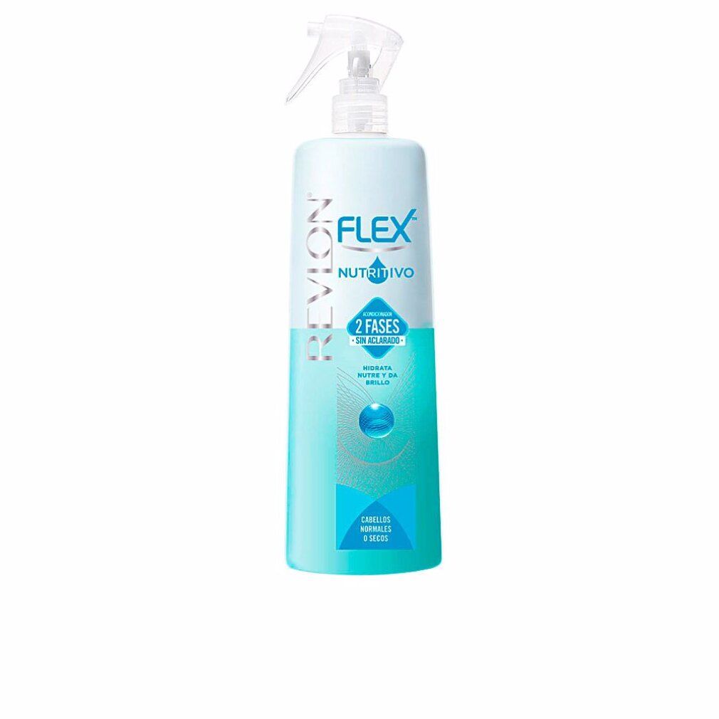 Hellblaue Sprühflasche mit weißem Sprühkopf. Aufschrift: Revlon Flex Nutritivo 2 Fases. Für normales und trockenes Haar.