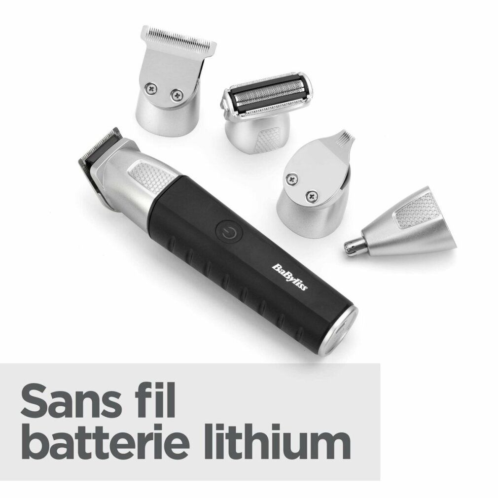 Schwarzer Trimmer mit silbernen Aufsätzen. Text: Sans fil batterie lithium. Marke: BaByliss.