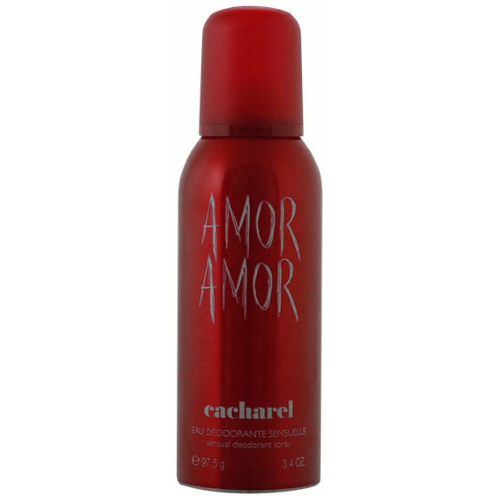 Rote Deodorant-Spraydose mit roter Kappe. Aufschrift "AMOR AMOR" und "cacharel". Text: "Eau Déodorante Sensuelle".
