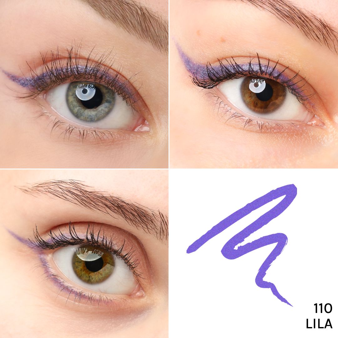 Vier Nahaufnahmen von Augen mit lila Kajal-Eyeliner. Ein Strich des Eyeliners und die Bezeichnung "110 Lila" sind ebenfalls abgebildet.