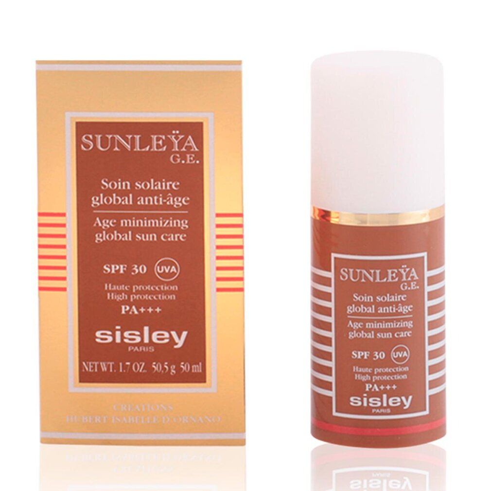 Sonnencreme-Flasche und Verpackung. Flasche: SUNLEYA, Soin solaire global anti-âge, SPF 30, PA+++, sisley. Verpackung: goldfarben.