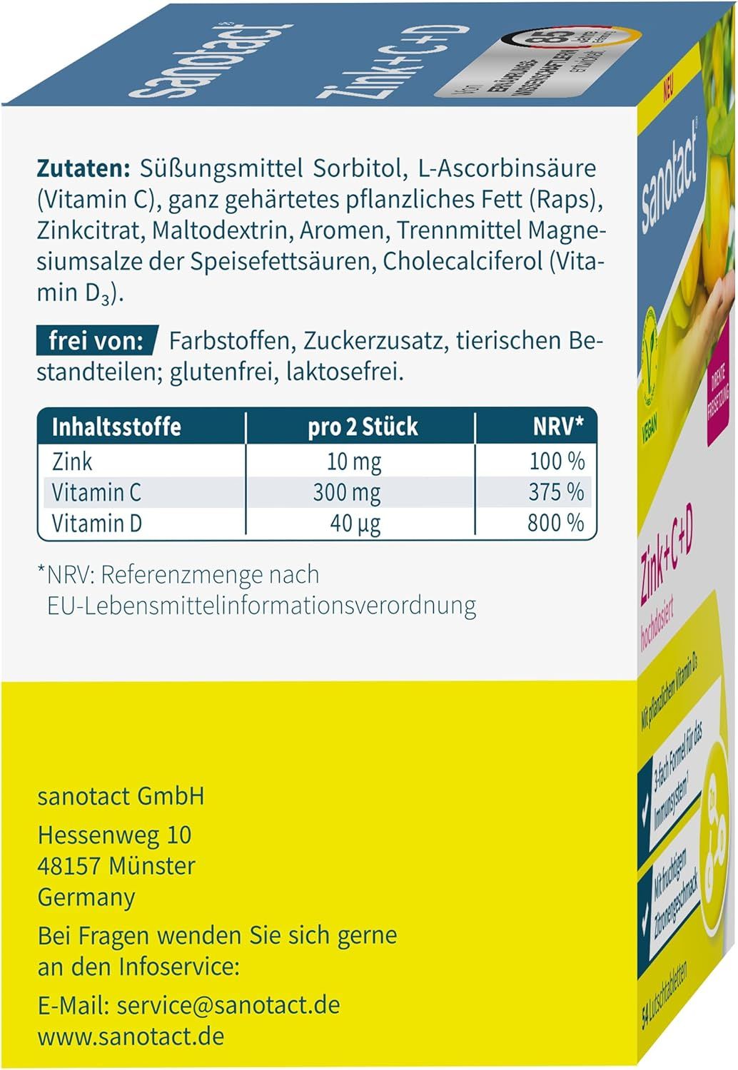 Rückseite der Zink+C+D hochdosiert Verpackung. Enthält Inhaltsstofftabelle und Kontaktinformationen. 54 Lutschtabletten.