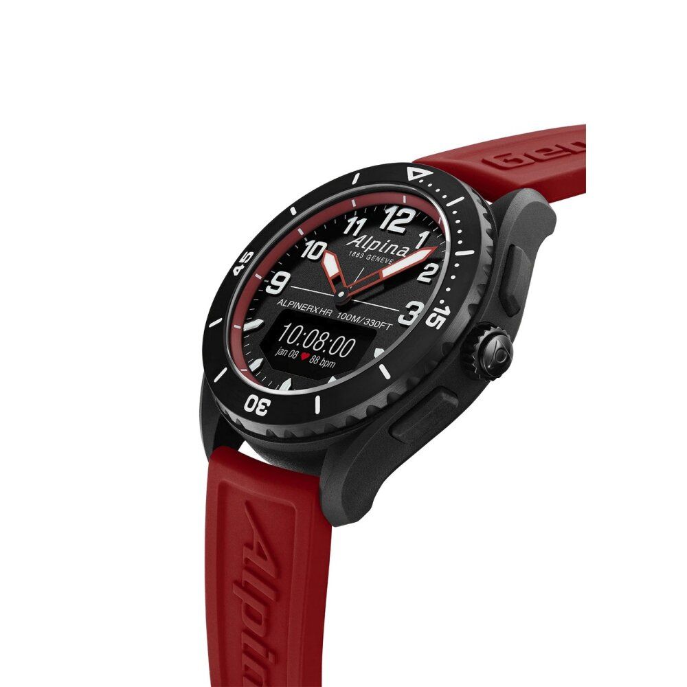 Schwarze Smartwatch mit rotem Armband. Zifferblatt mit Alpina-Logo und digitaler Anzeige. Rote Akzente.