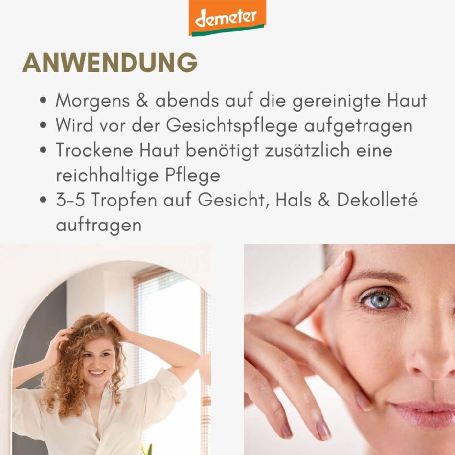 Text über die Anwendung des Produkts. Demeter-Logo. Bilder von Frau vor Spiegel und Gesicht einer Frau.