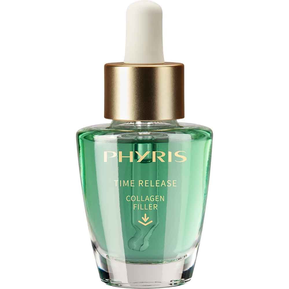 Grüne Glasflasche mit goldfarbenem Verschluss und Pipette. Aufschrift: PHYRIS, TIME RELEASE, COLLAGEN FILLER.