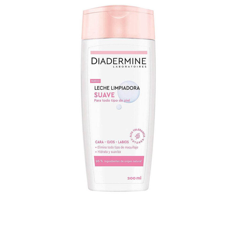 Diadermine Reinigungsmilch. Weiße Flasche mit rosa Deckel. Text: 'LECHE LIMPIADORA SUAVE'. Für alle Hauttypen. 200 ml.
