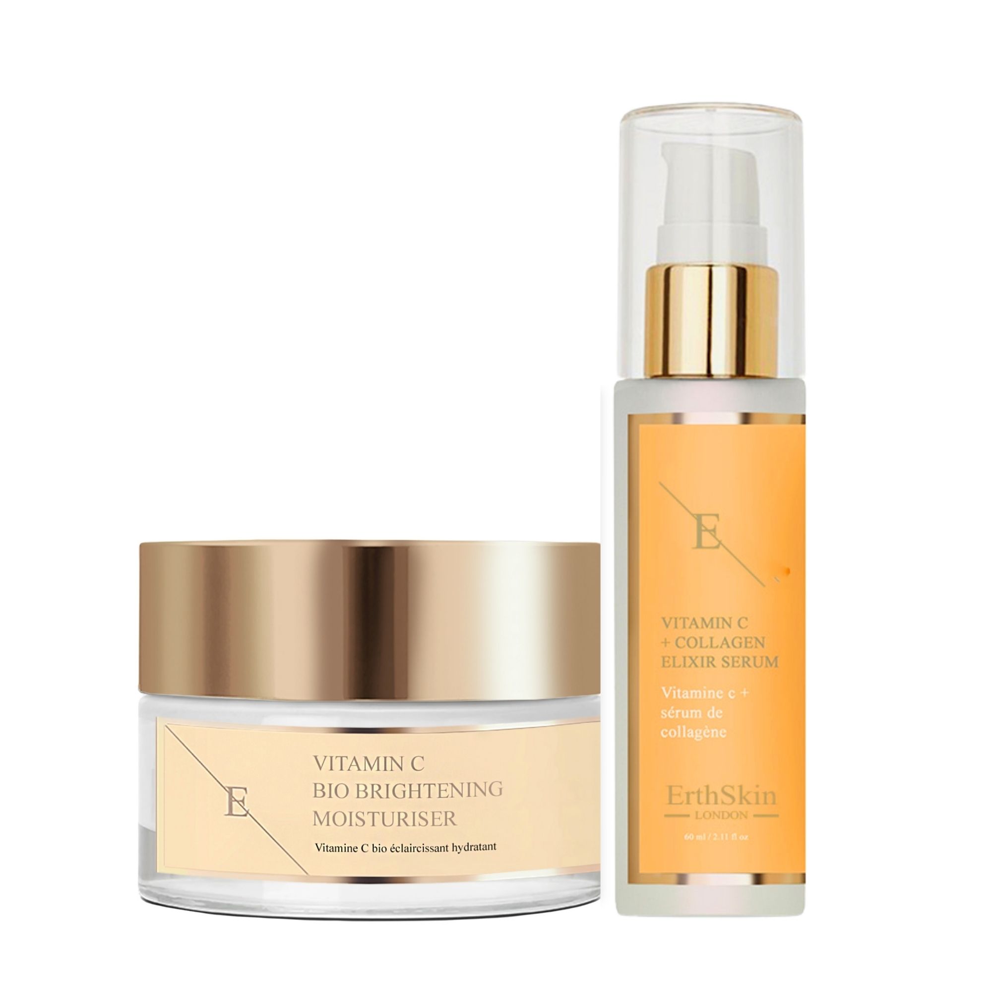 Set aus Creme und Serum. Creme in Glasdose mit goldfarbenem Deckel. Serum in Glasflasche mit goldfarbener Pumpe. Beide mit Etiketten.