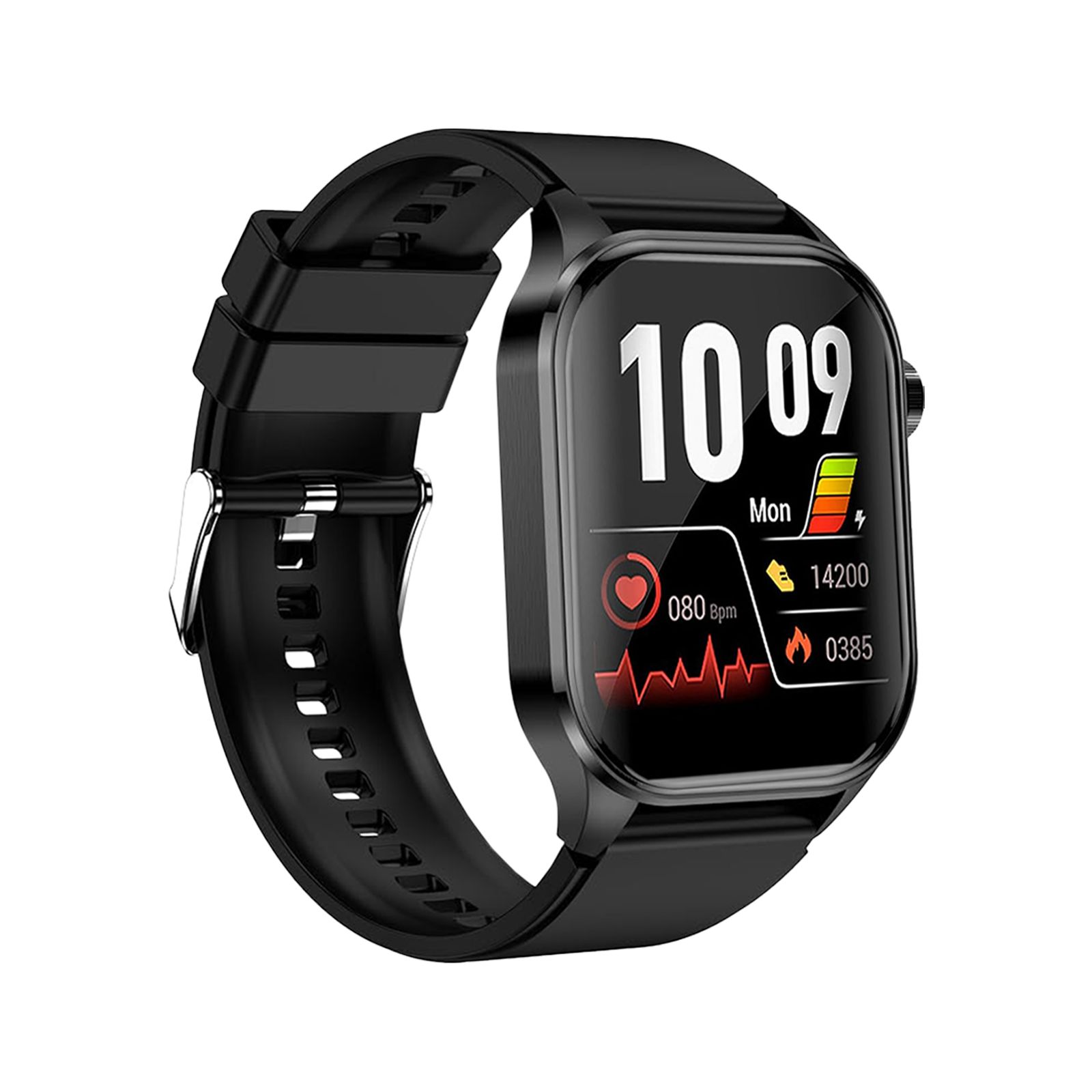 Schwarze Gesundheitsuhr mit Display. Zeigt Uhrzeit, Herzfrequenz, Schritte und Akkustand.