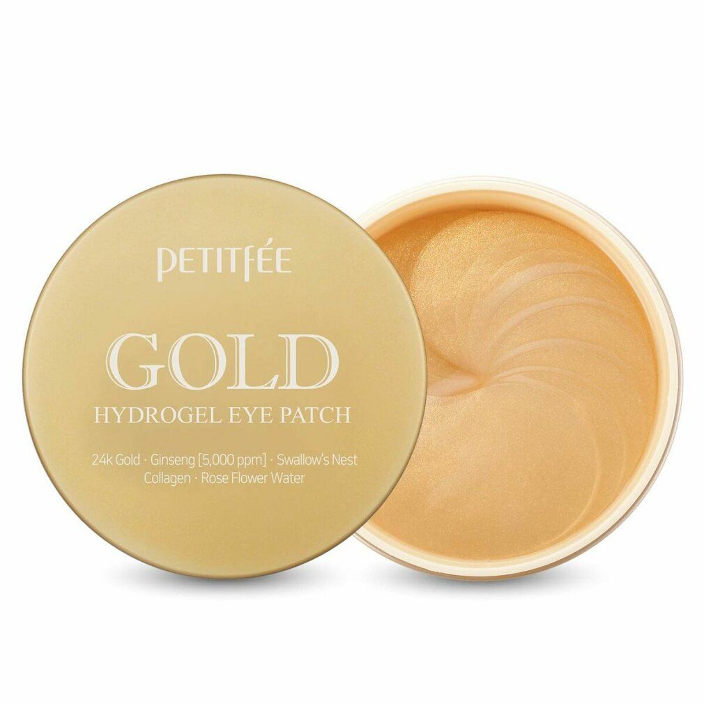 Goldfarbene Augenpads in einem goldenen Behälter. Deckel mit "GOLD HYDROGEL EYE PATCH"-Schriftzug. Offener Behälter mit Pads.
