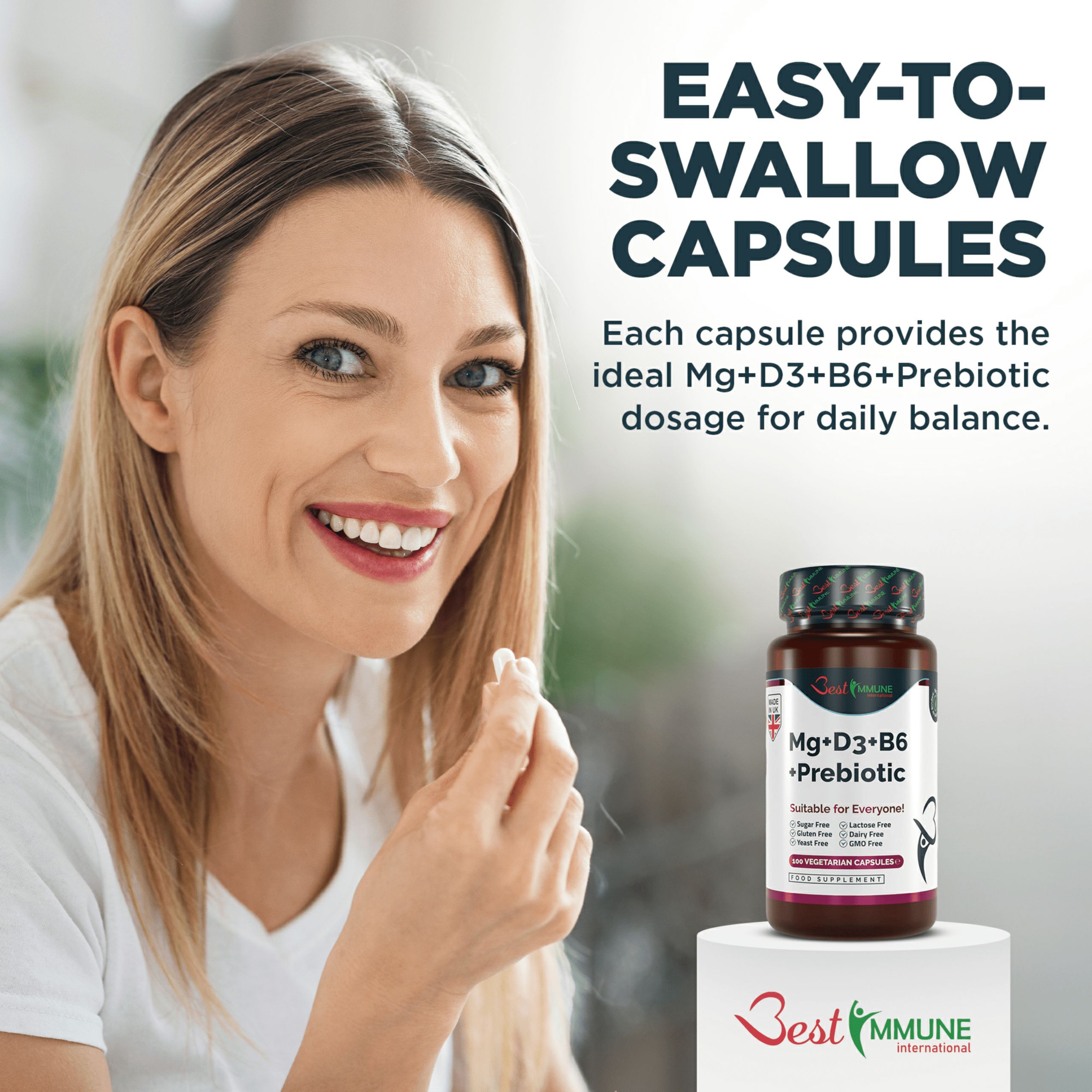 Frau hält Kapsel. Text: Mg+D3+B6+Präbiotikum. Geeignet für alle. Einfach zu schluckende Kapseln. Tägliche Balance.