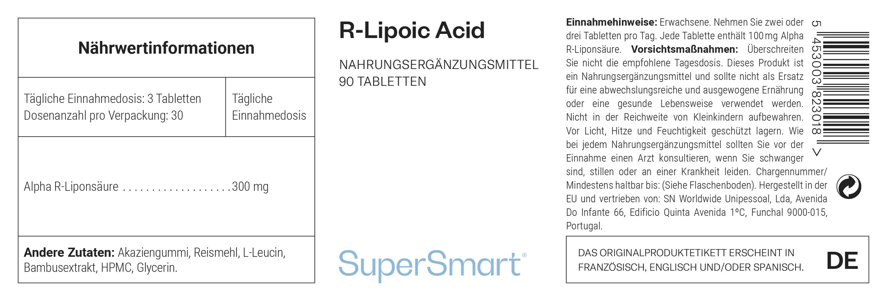 Nahrungsergänzungsmittel R-Liponsäure, 90 Tabletten. SuperSmart-Logo. Enthält Nährwertangaben und Inhaltsstoffe.