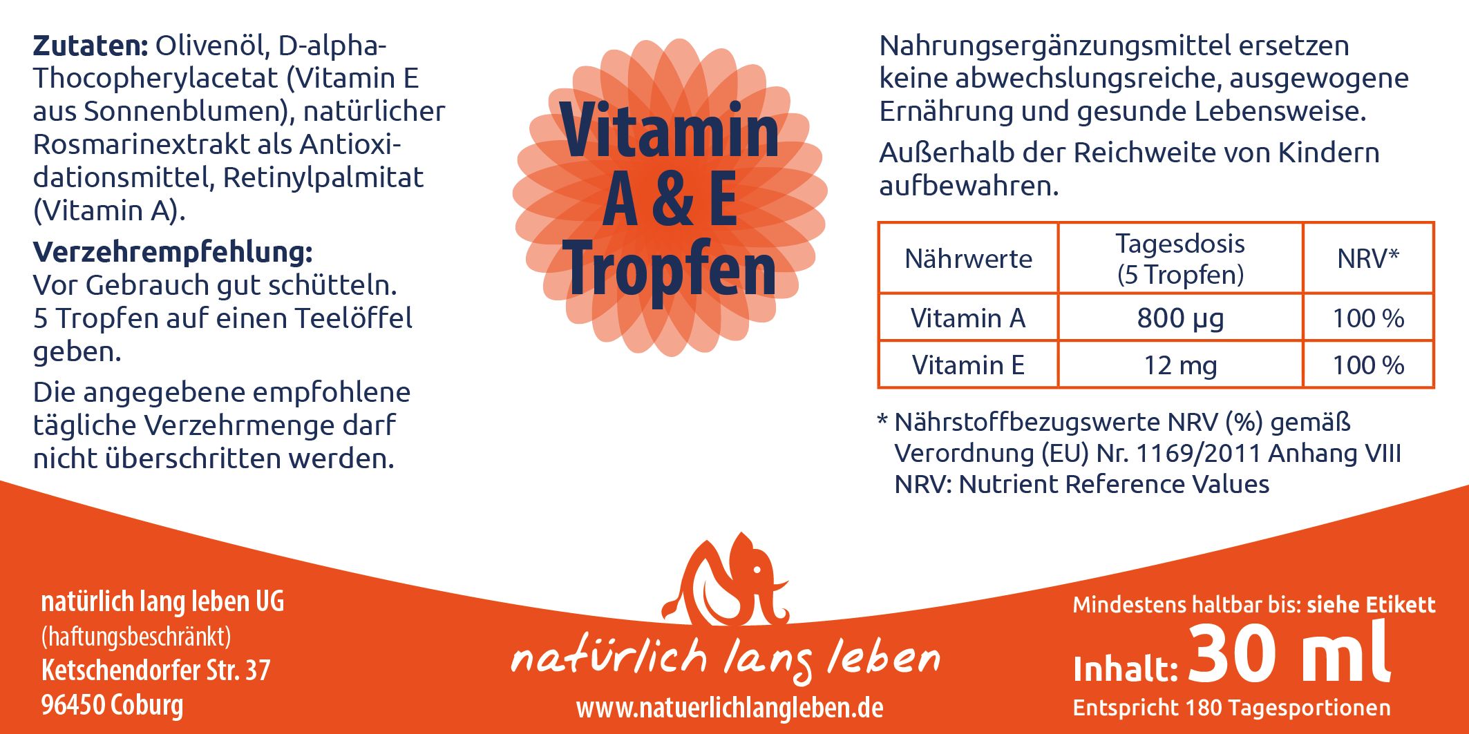 Etikett mit Text: "Vitamin A & E Tropfen", Inhaltsstoffe, Nährwertangaben und Logo.