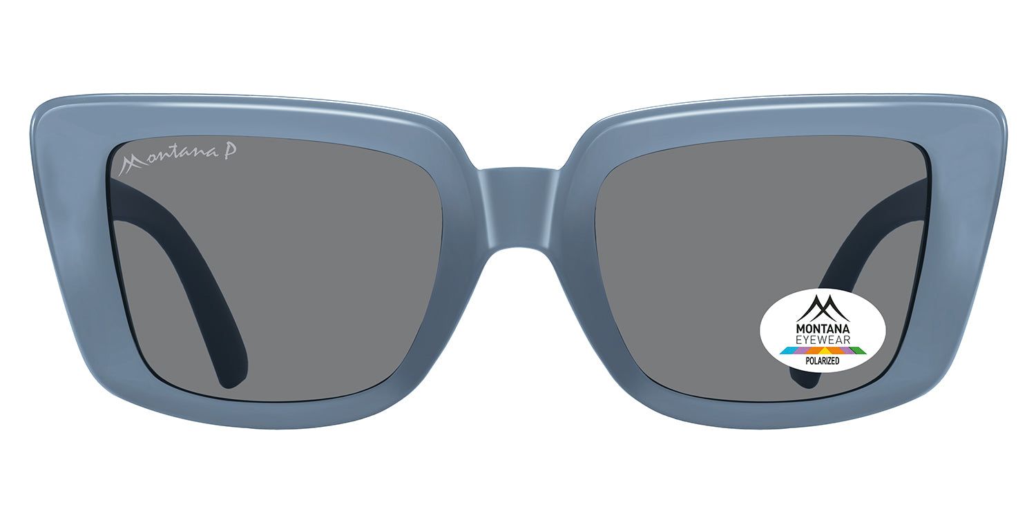 Blaue Sonnenbrille mit dunklen Gläsern. Montana Eyewear Logo und Polarisations-Zertifizierung. Rechteckige Form.