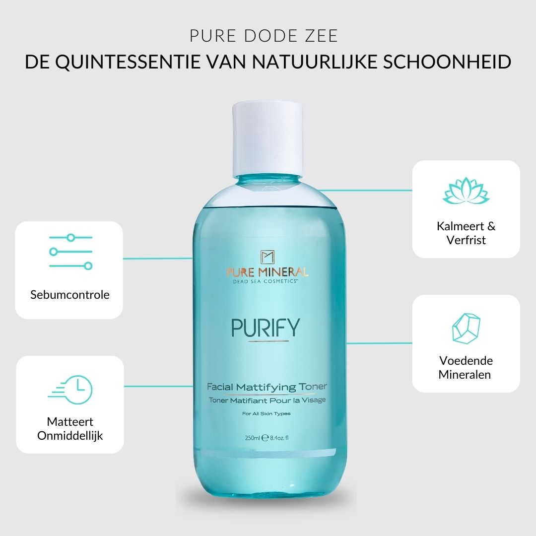 Tonerfles met tekst: PURIFY, Facial Mattifying Toner. Symbolen: talgcontrole, matteert onmiddellijk.