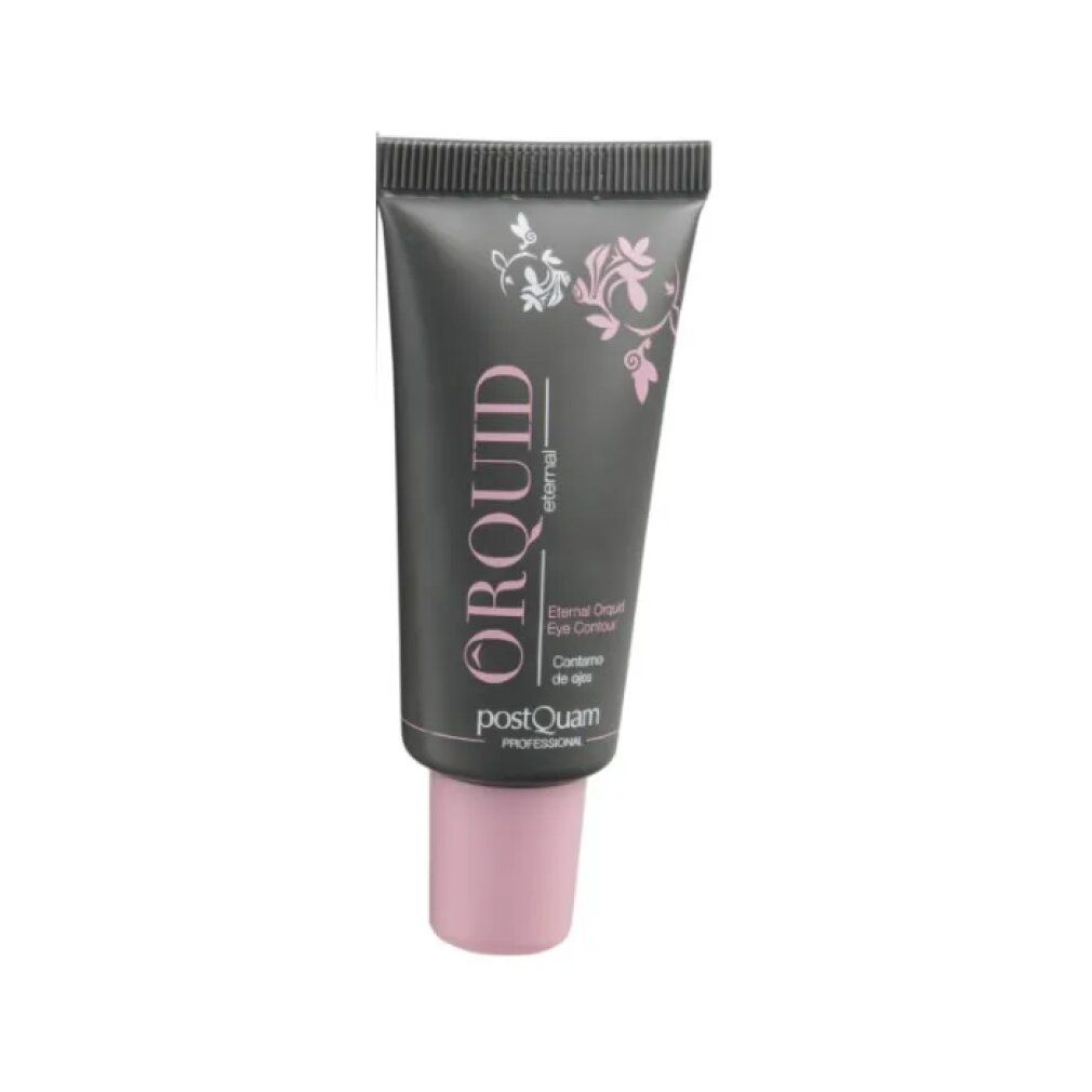Schwarze Tube mit rosa Verschluss. Aufschrift: ORQUID eternal, Eye Contour. Marke: Postquam Professional.
