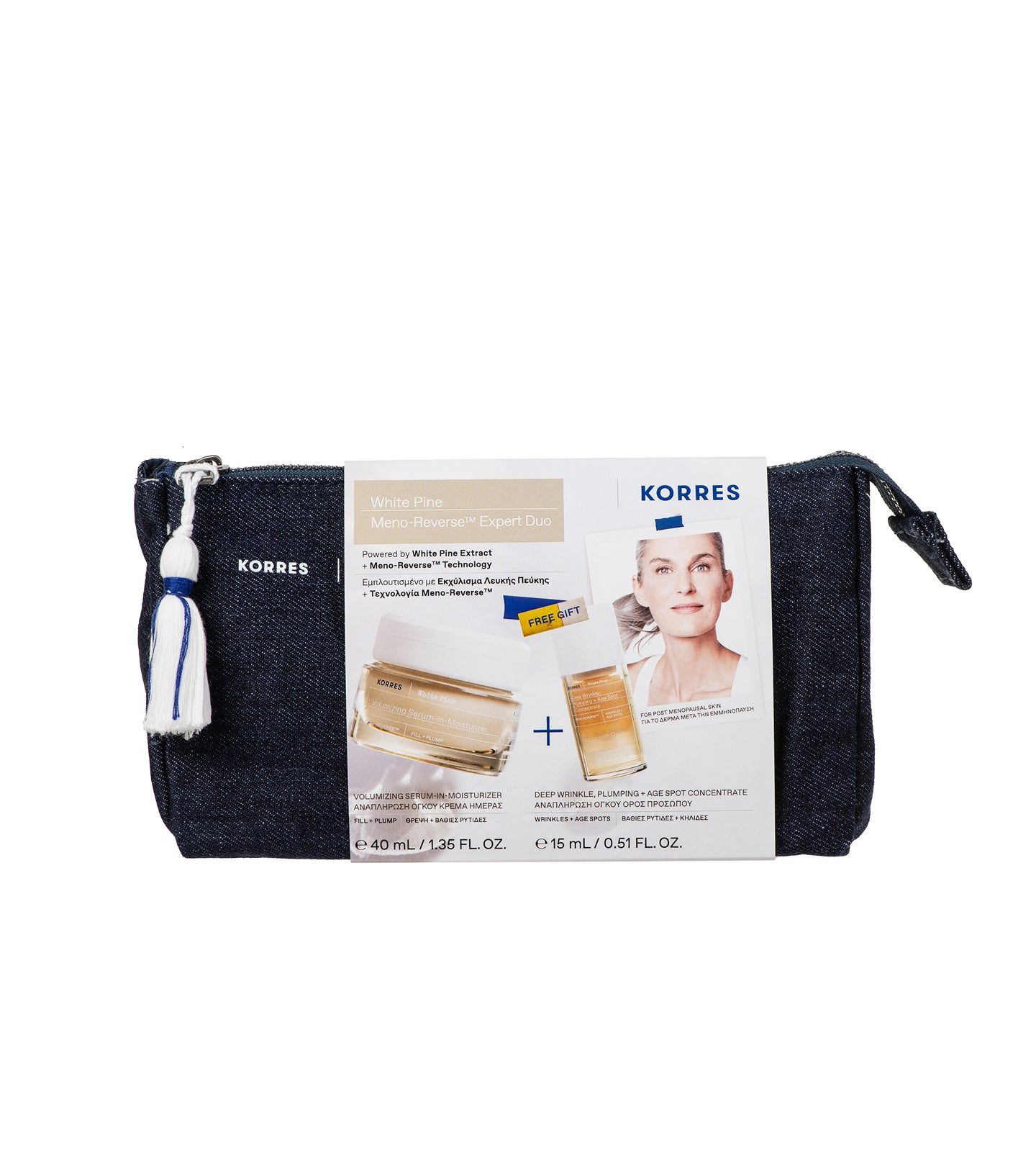 Kosmetiktasche mit Verpackung. Auf der Verpackung steht "KORRES White Pine Meno Reverse Expert Duo".