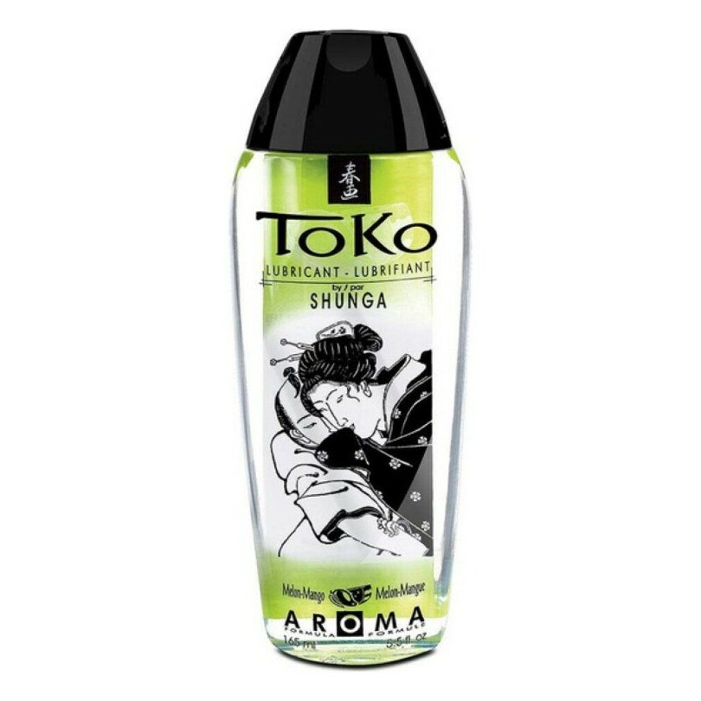 Flüssiges Gleitmittel in einer transparenten Flasche mit schwarzem Deckel. Etikett mit Schriftzug „Toko“ und Illustration.