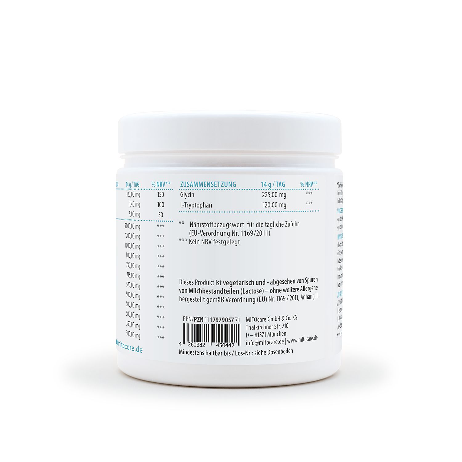 Rückseite des MITOcare Aminosäuren Day & Focus Behälters mit Nährwertangaben und Inhaltsstoffen.