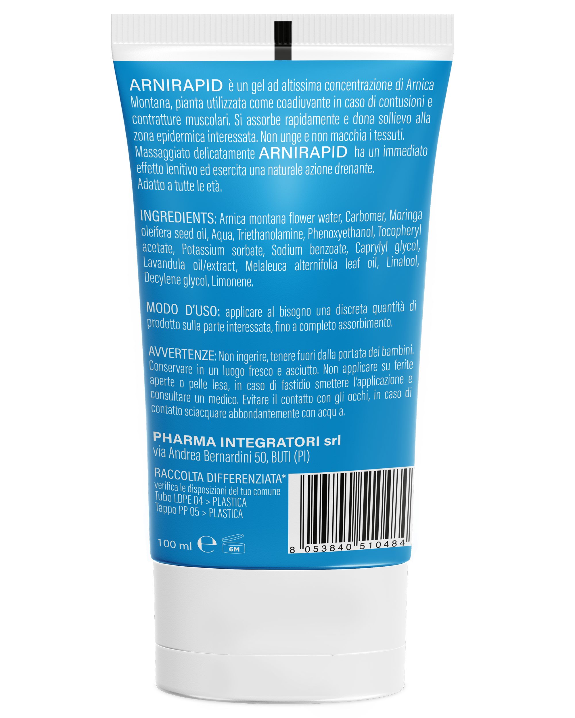 Rückseite einer ARNIRAPID Tube mit Inhaltsstoffen und Anwendungshinweisen.