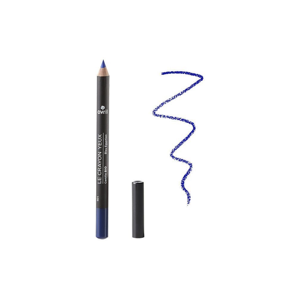 Blauer Augenstift mit schwarzer Kappe und Strich. Aufschrift: Avril, Le Crayon Yeux, Certifié Bio.