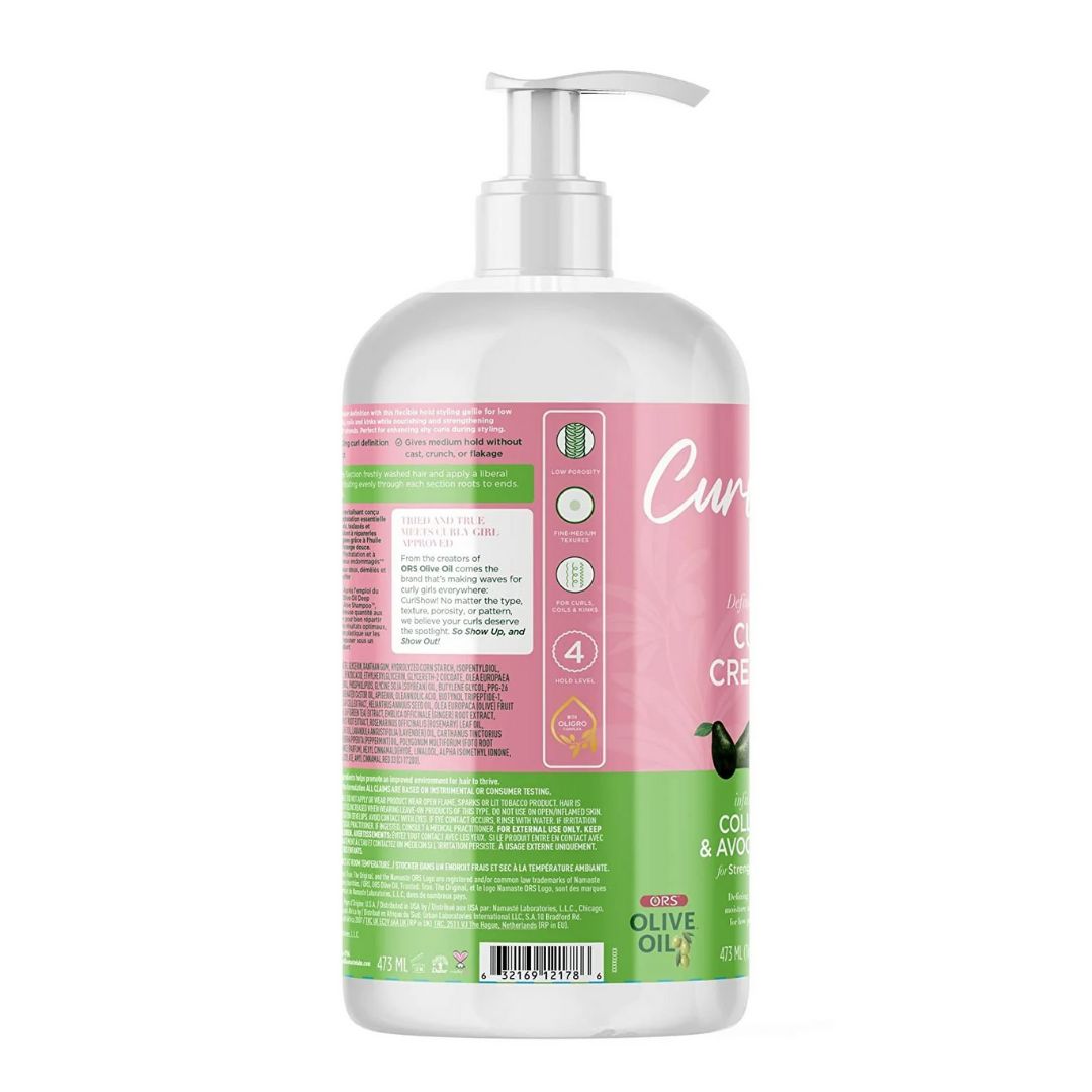 Rückseite der Flasche. Rosa Etikett mit "Curlshow" und "CURL CREATOR". Enthält Avocadoöl und Kollagen. Grüne und weiße Akzente. Text.