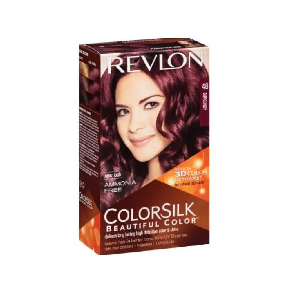 Revlon Colorsilk Box. Frau mit burgunderfarbenem Haar. Enthält: Ammonia Free, 3D Color Technologie.