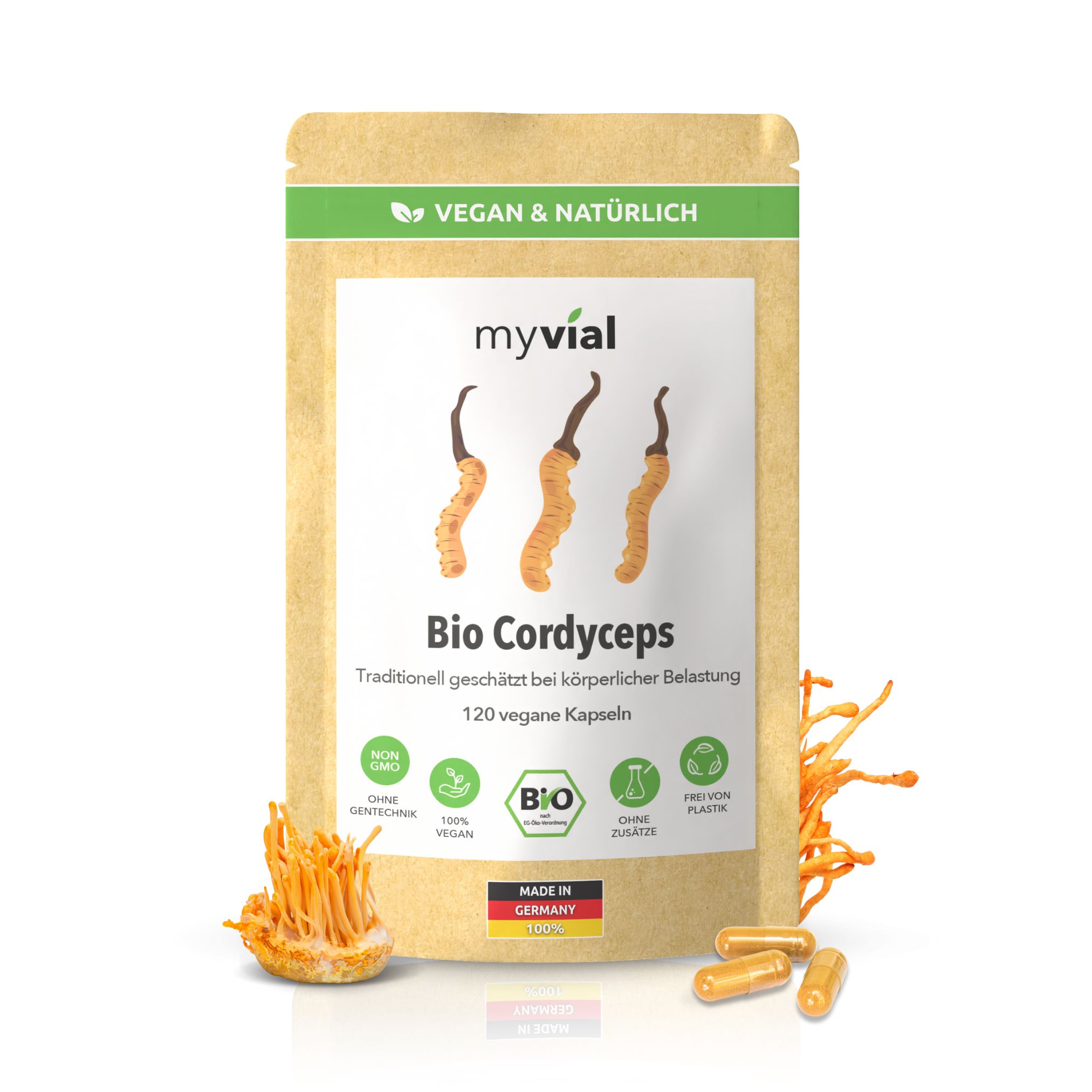 myvial® Bio Cordyceps Kapseln - 120 Stück aus reinem Fruchtkörper vegan & plastikfrei St