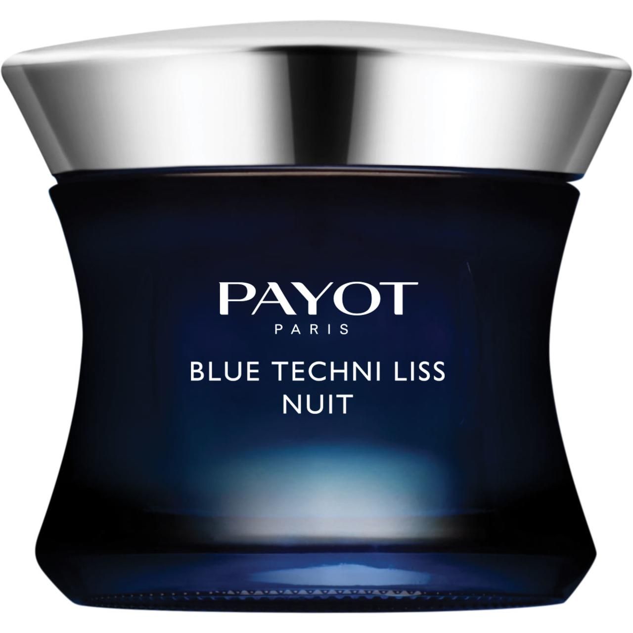 Dunkelblaue Creme-Dose mit silbernem Deckel. Aufschrift: PAYOT PARIS, BLUE TECHN LISS NUIT.