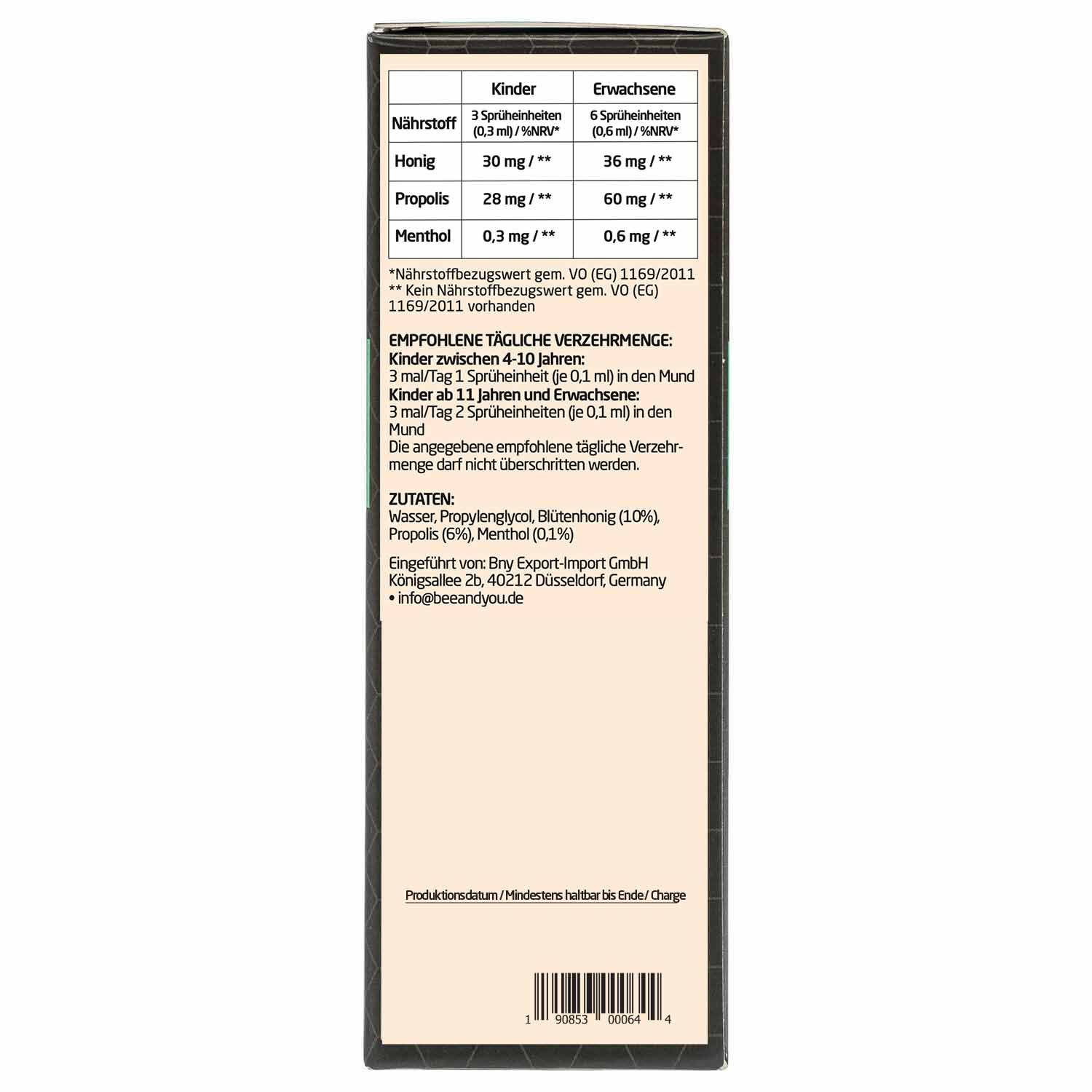 Produktverpackung mit Nährwertangaben und Inhaltsstoffen. Aufschrift: BEE&YOU.