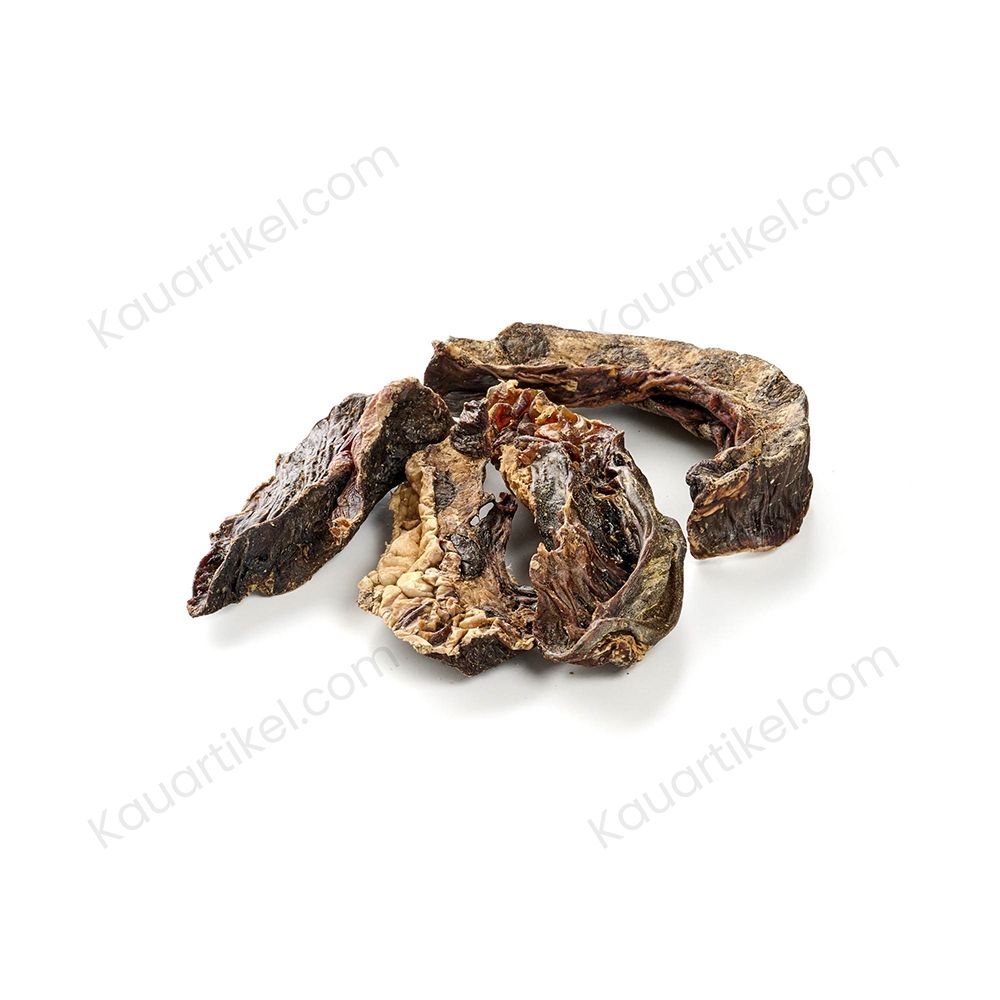 Getrocknete Rinderherzen für Hunde, mit Hinweisen zu Proteingehalt, Herkunft und Zahnreinigung.