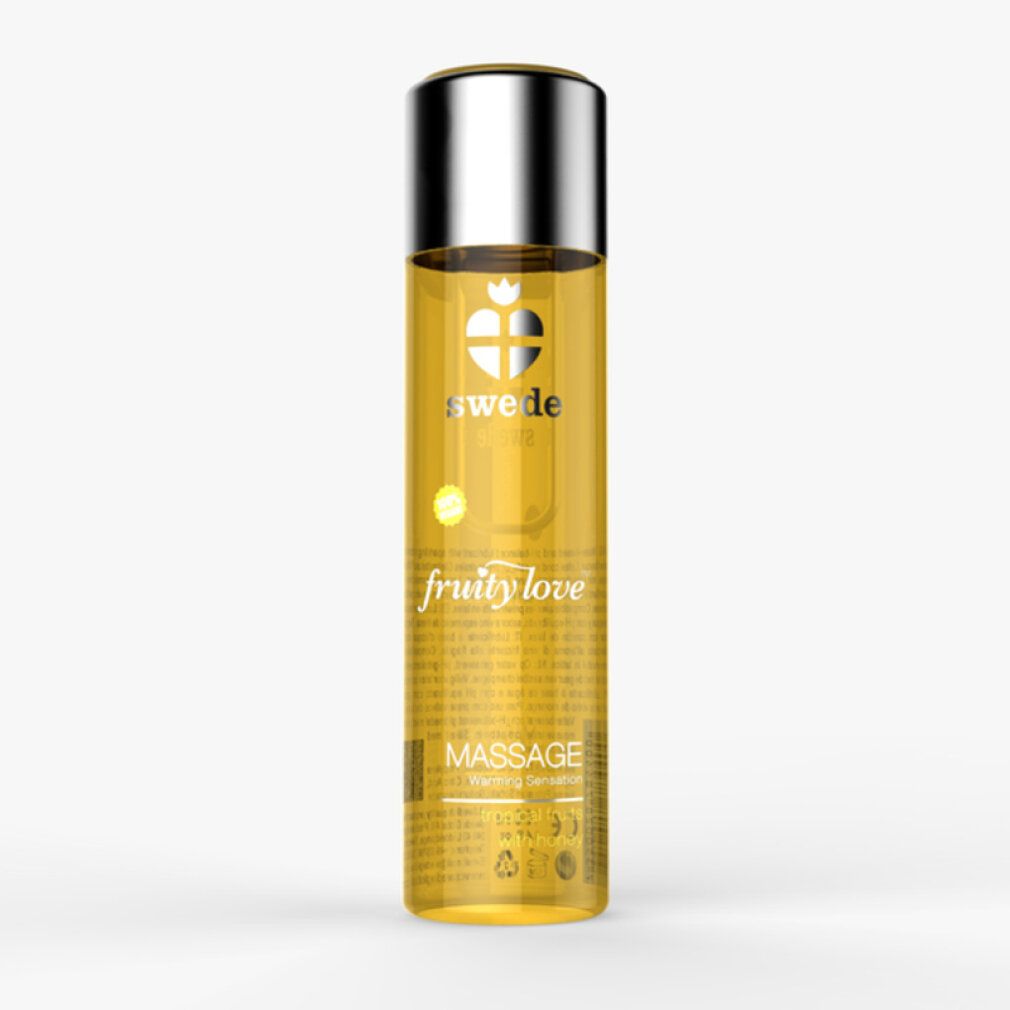 Zylindrische Flasche mit silbernem Deckel. Aufschrift: swede, fruity love, Massage. Gelbe Flüssigkeit sichtbar.