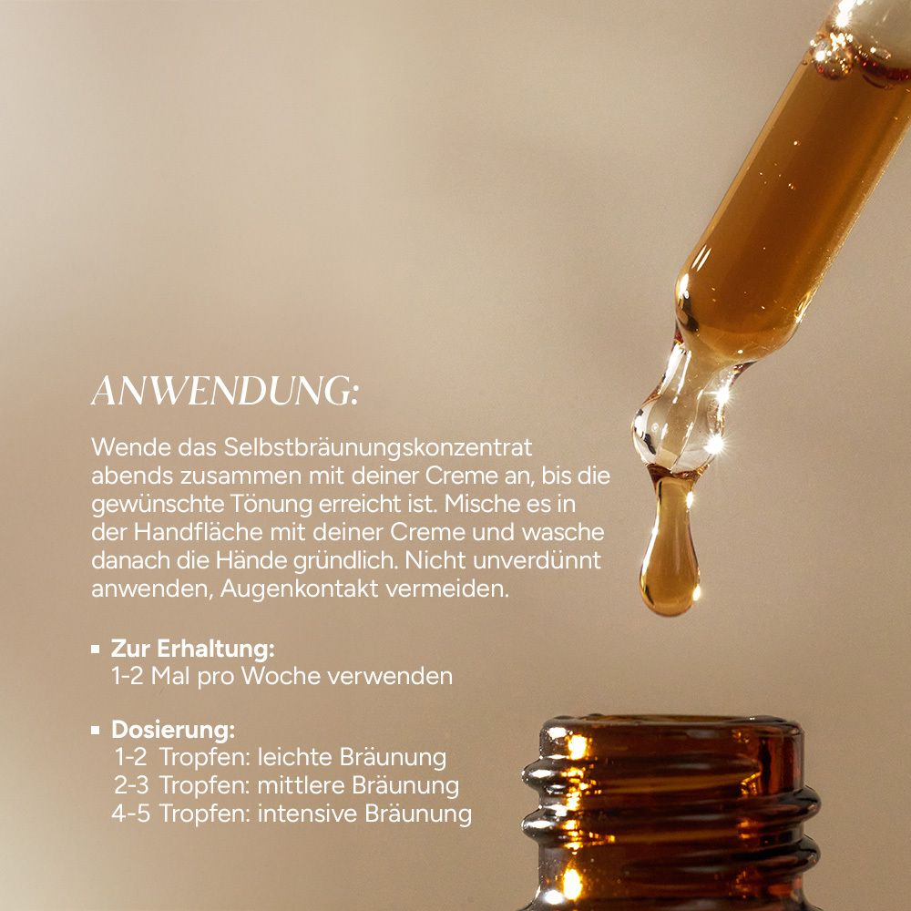 Pipette mit Selbstbräunungskonzentrat. Text: Anwendung, Dosierung, 1-2 Tropfen für leichte Bräune, 4-5 für intensive Bräune.