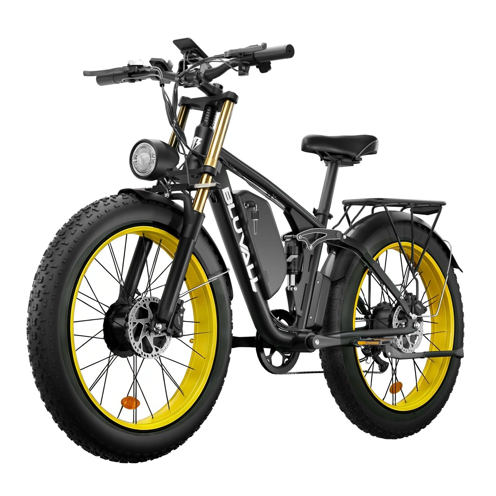 Schwarzes E-Bike mit gelben Felgen. Frontscheinwerfer, Gepäckträger und Akku. Aufschrift BLUVALL.