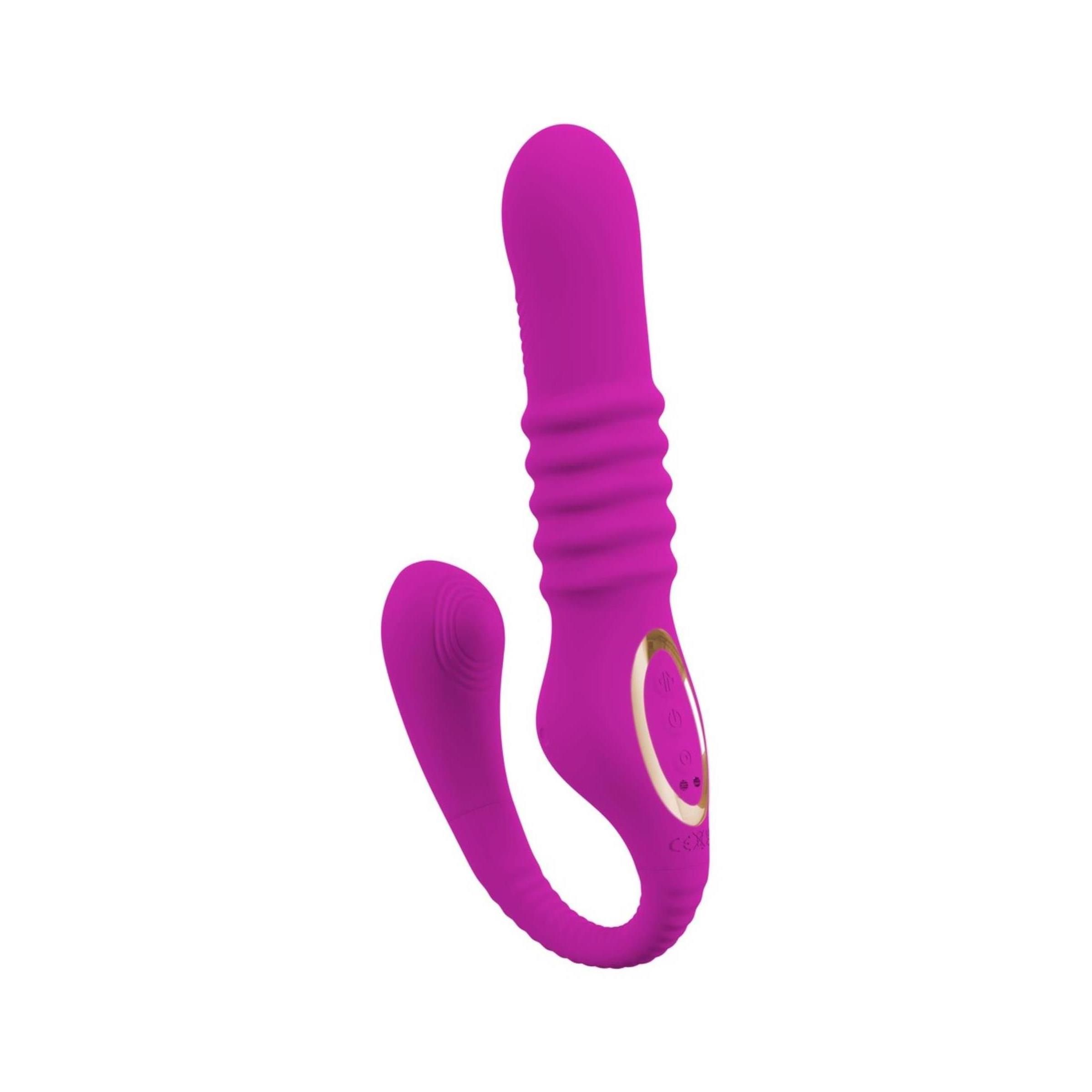 Lila Vibrator mit Klitoris-Stimulationsarm. Geriffelte Oberfläche am Schaft, gebogene Form.