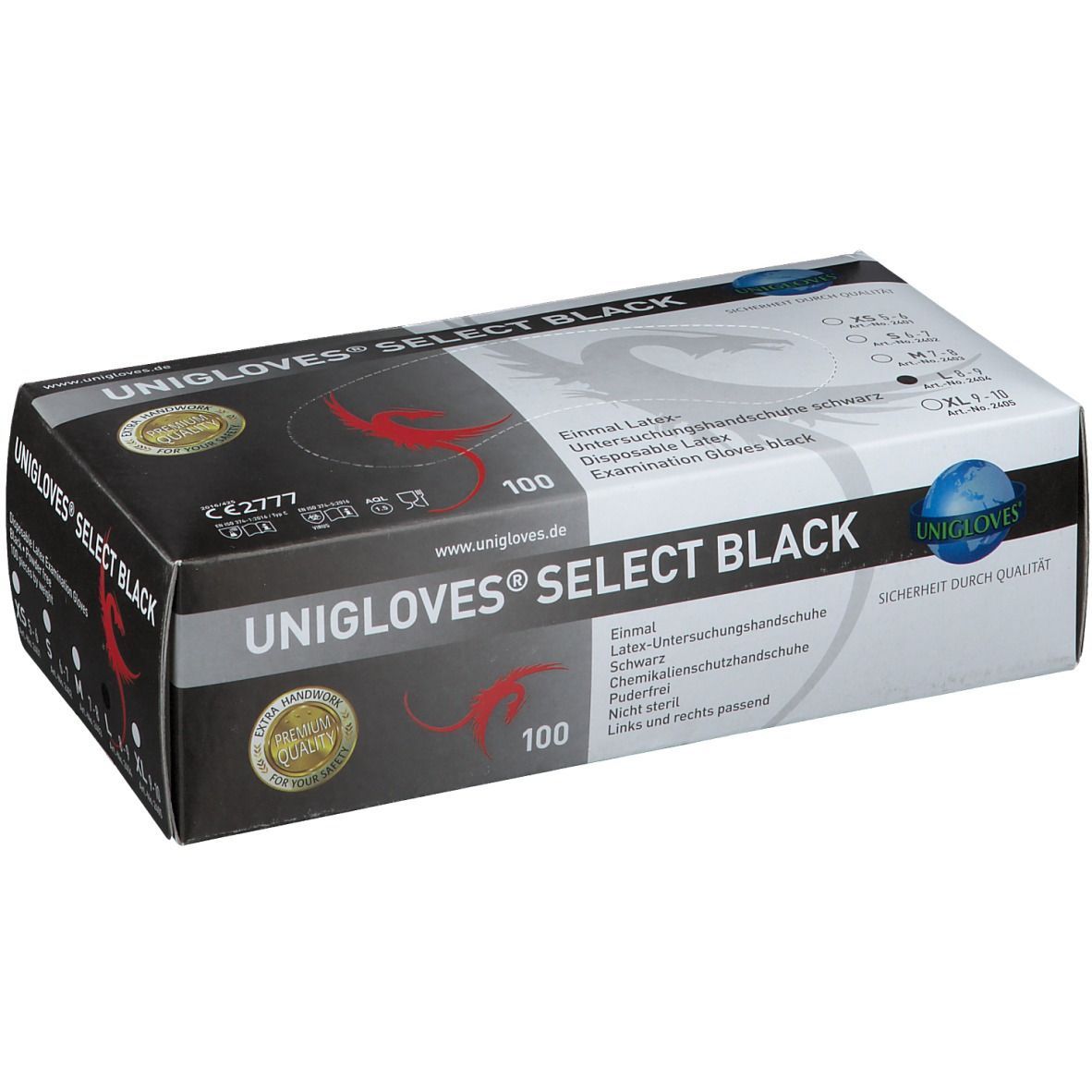 Schwarze Handschuhbox. Aufschrift: UNIGLOVES® SELECT BLACK. 100 Stück. CE-Kennzeichnung.