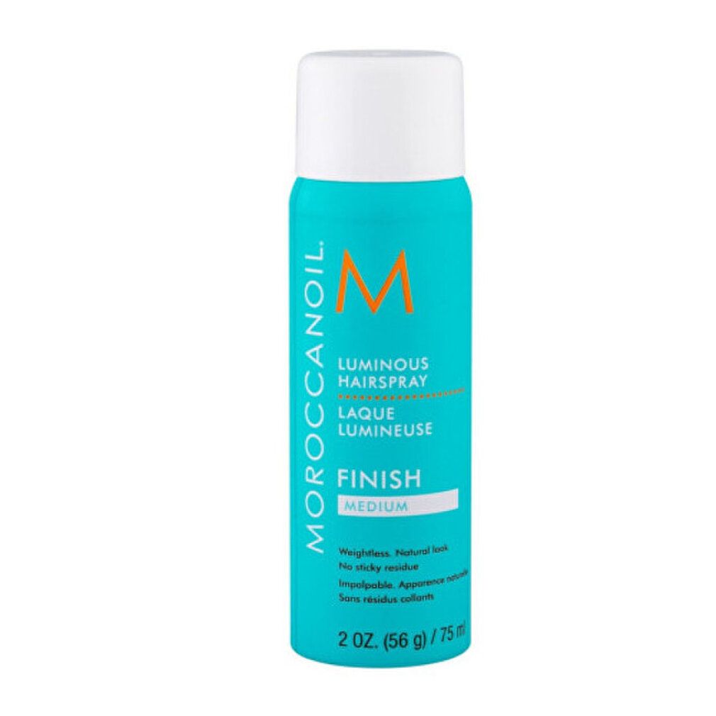 Türkisblaue Haarspray-Flasche mit weißem Deckel. Aufschrift: MOROCCANOIL, Luminous Hairspray, Finish Medium. 2 oz. (56 g) / 75 ml.