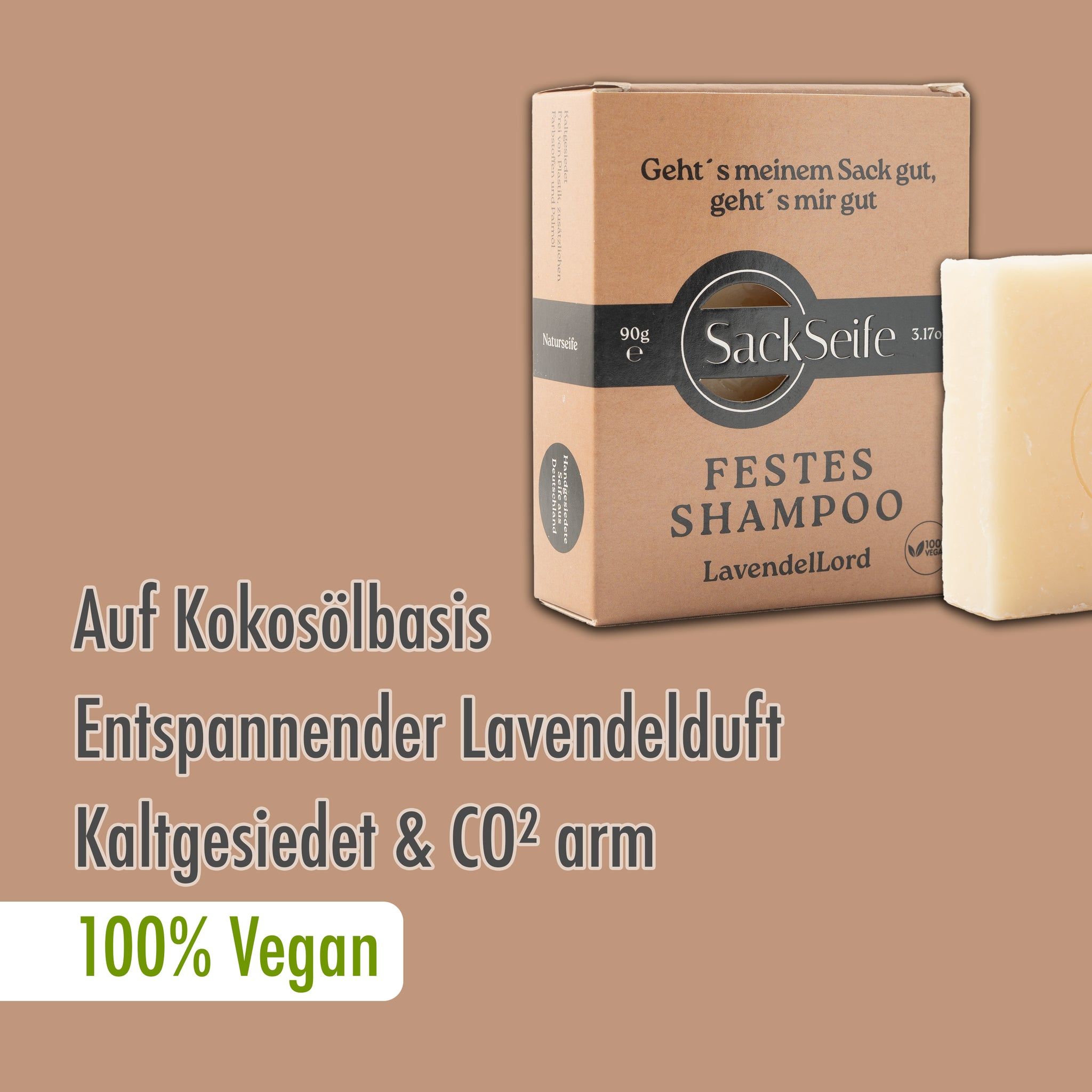 Festes Shampoo LavendelLord und Verpackung. Text: Auf Kokosölbasis, Entspannender Lavendelduft, Kaltgesiedet & CO2 arm, 100% Vegan.