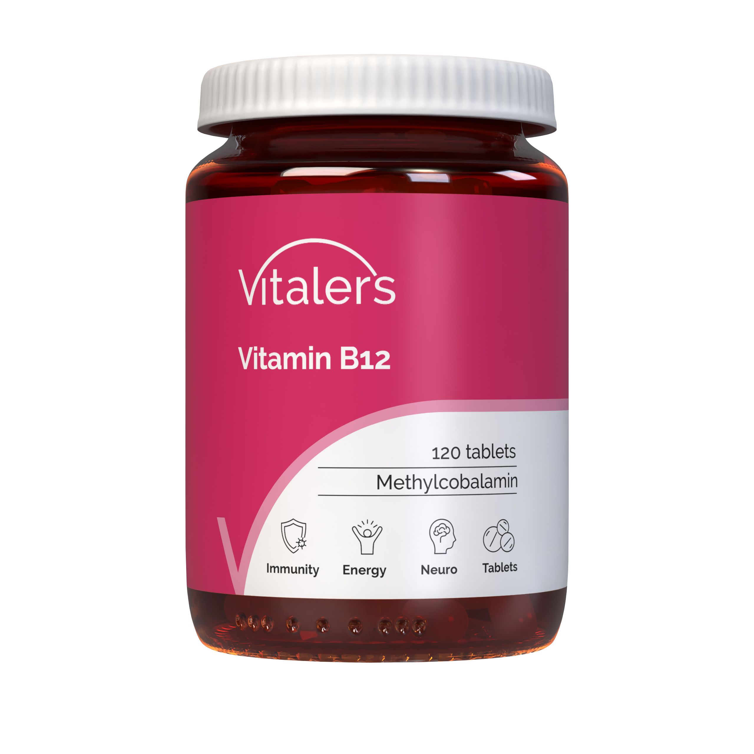 Vitaler's Vitamin B12 100 µg: Braune Flasche mit 120 Tabletten, rosa Etikett mit Icons für Immunität, Energie, Nerven.