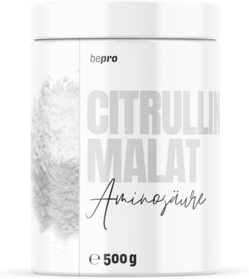 Weißer Behälter mit Text. Aufschrift: Citrullin Malat Aminosäure. Marke: bepro. Unten: 500g. Produkt mit Pulver.