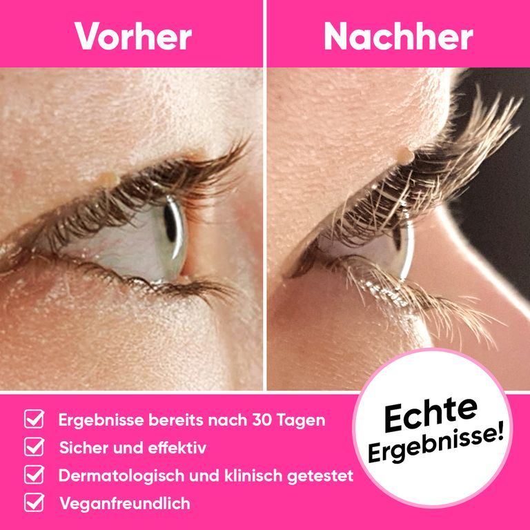 Vorher-Nachher-Vergleich von Wimpern nach Anwendung von Luxe Lash Wimpernserum. Ergebnisse nach 30 Tagen.