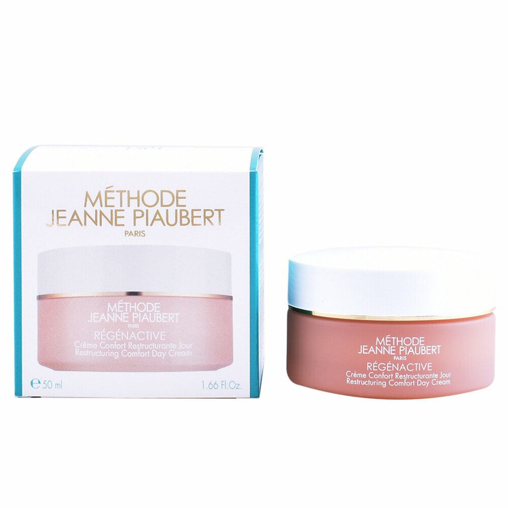 Creme-Tiegel und Schachtel. Aufschrift: Méthode Jeanne Piaubert, Régénactive, Crème Confort Restructurante Jour. Schachtel: 50 ml, 1.66 Fl.Oz.