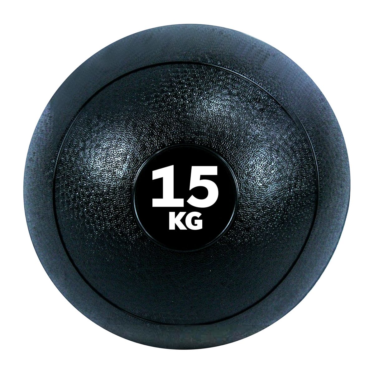 Schwarzer Fitness-Beschwerungsball mit 15 KG Gewichtsanzeige. Gummi-Oberfläche mit strukturierter Oberfläche.