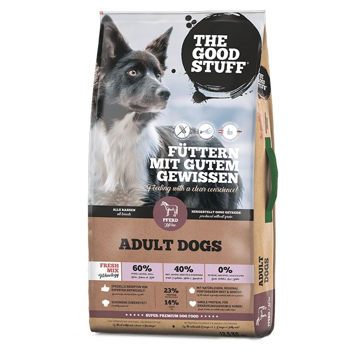Trockenfutter PFERD in Verpackung mit Hund. Text: Füttern mit gutem Gewissen. Marke: THE GOODSTUFF. Für Adult Dogs.