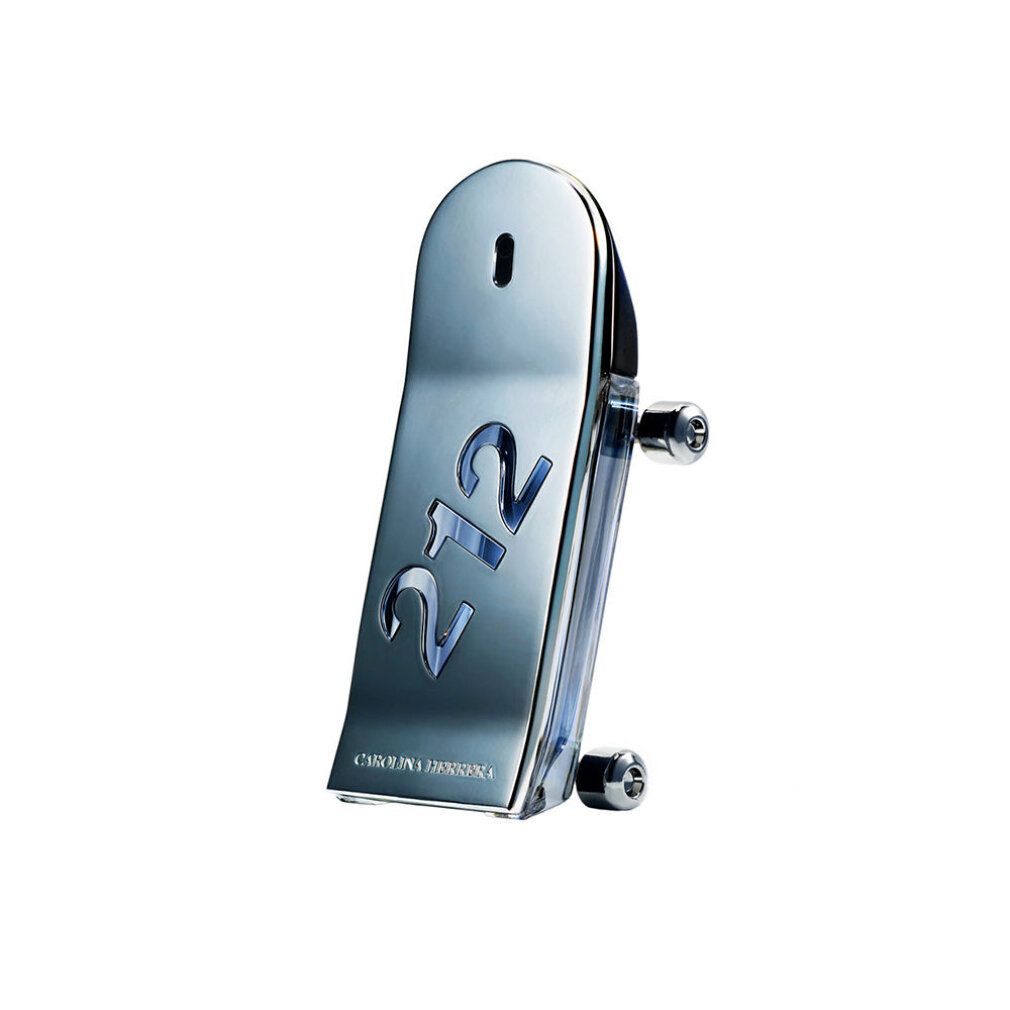 Silberfarbener Flakon in Skateboard-Form. Blaue Ziffern 212. Carolina Herrera-Schriftzug.