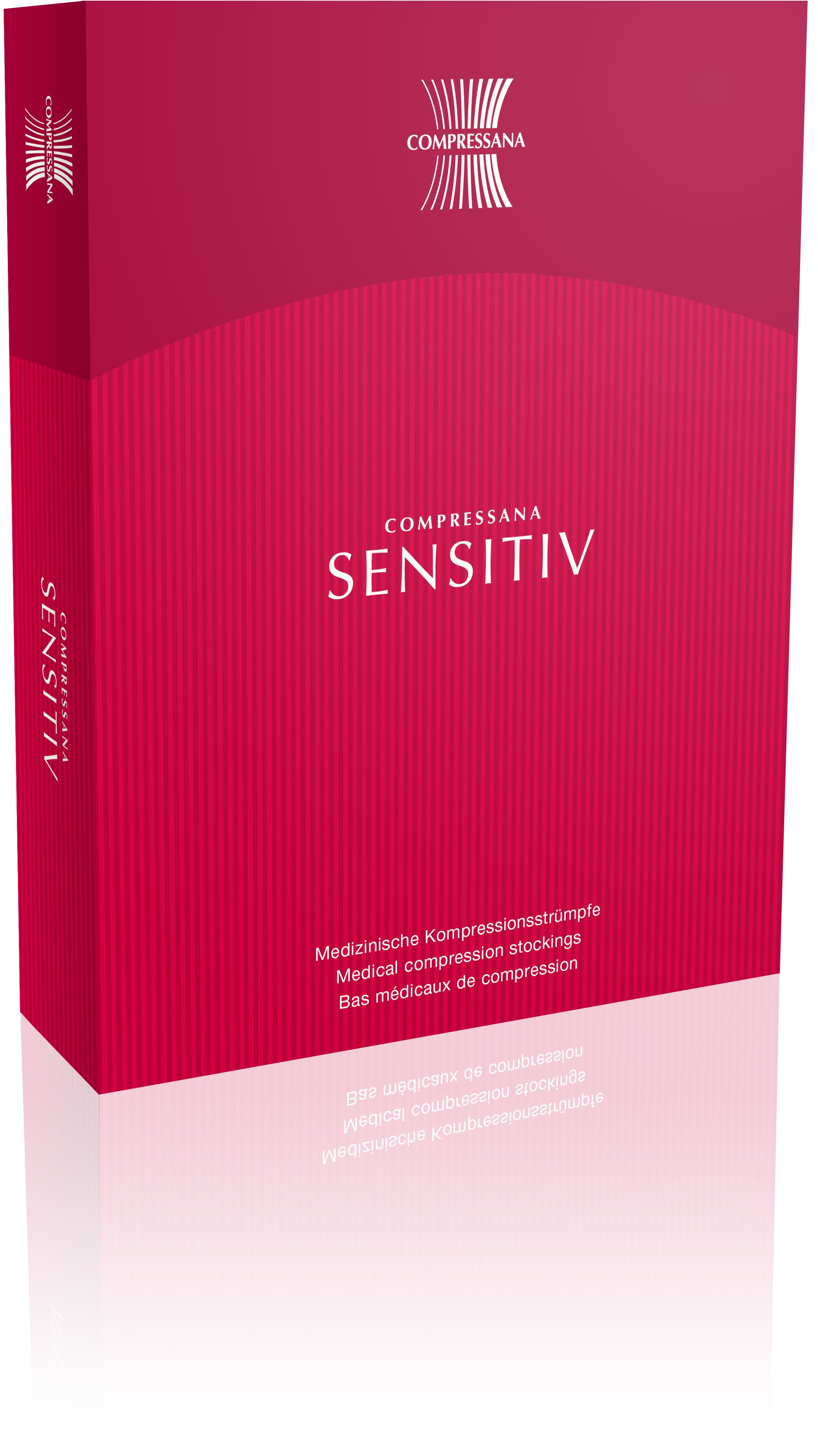 Verpackung von COMPRESSANA Sensitiv Kompressionsstrümpfen. Rote Box mit Produktnamen und medizinischer Beschreibung.