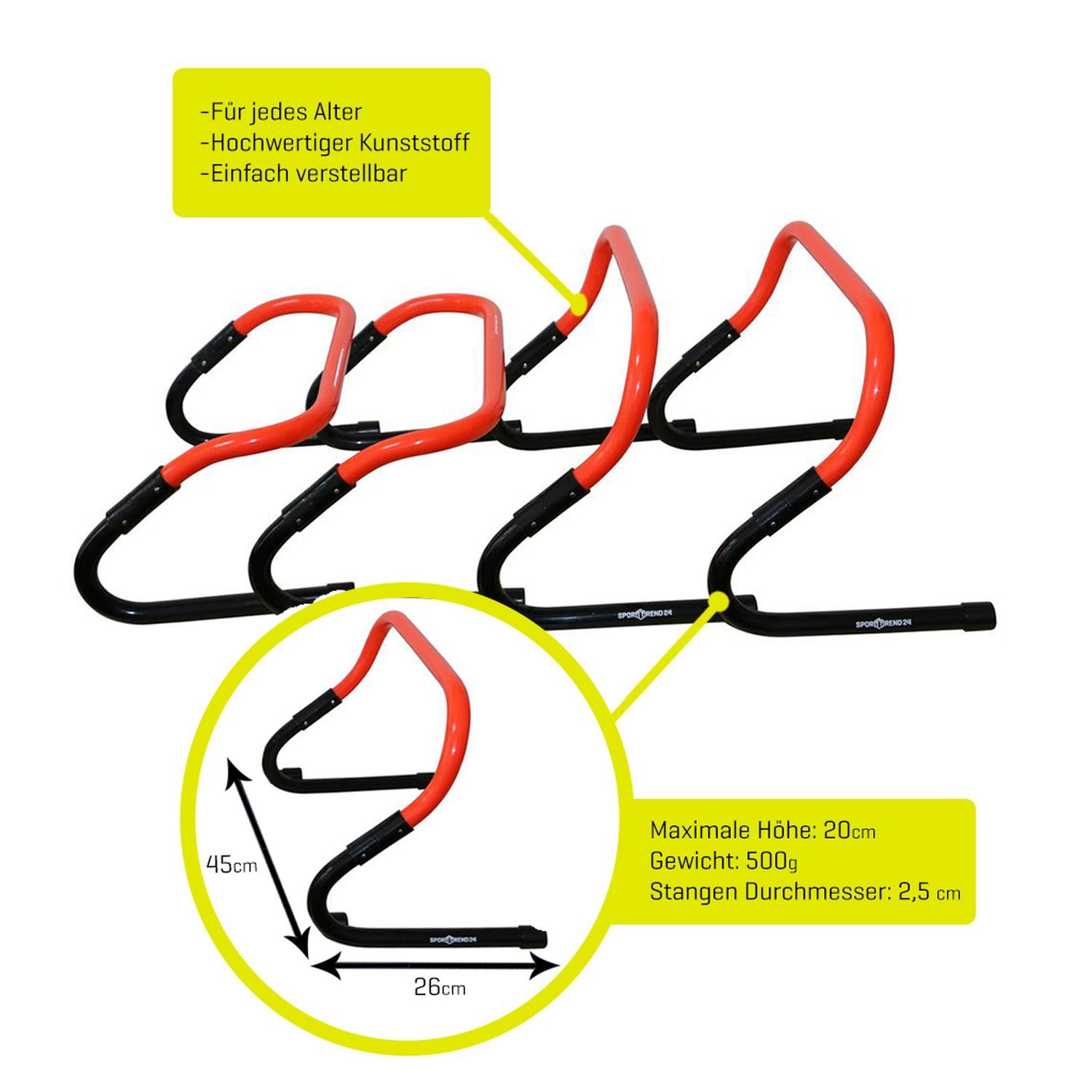 Drei verstellbare Hürden. Orangefarbene Stangen, schwarze Metallfüße. Größenangaben: 20cm Höhe, 26cm Breite.