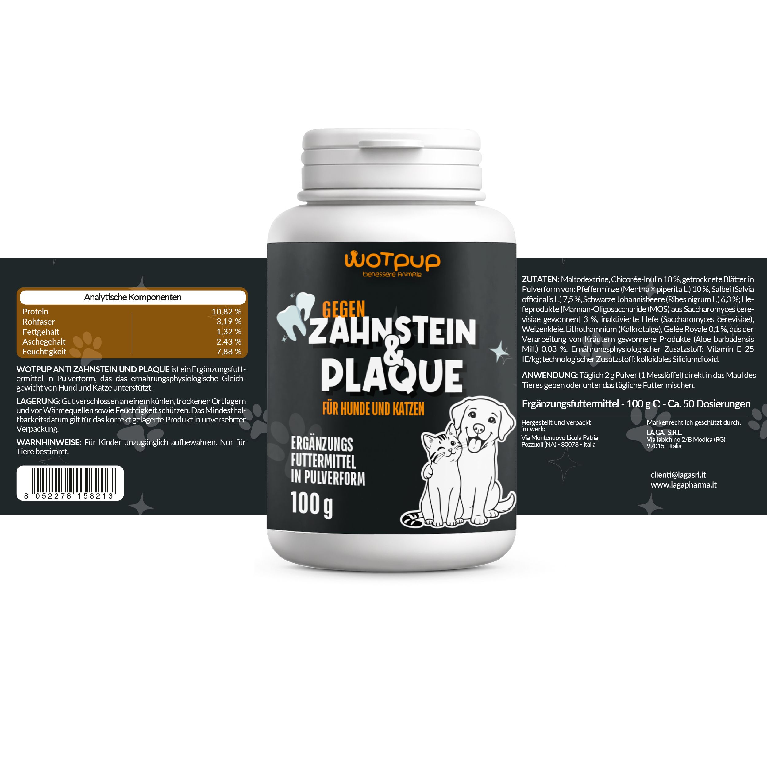 Rückseite eines Behälters mit Zahnpulver für Hunde und Katzen, mit Zutatenliste und Anwendung.