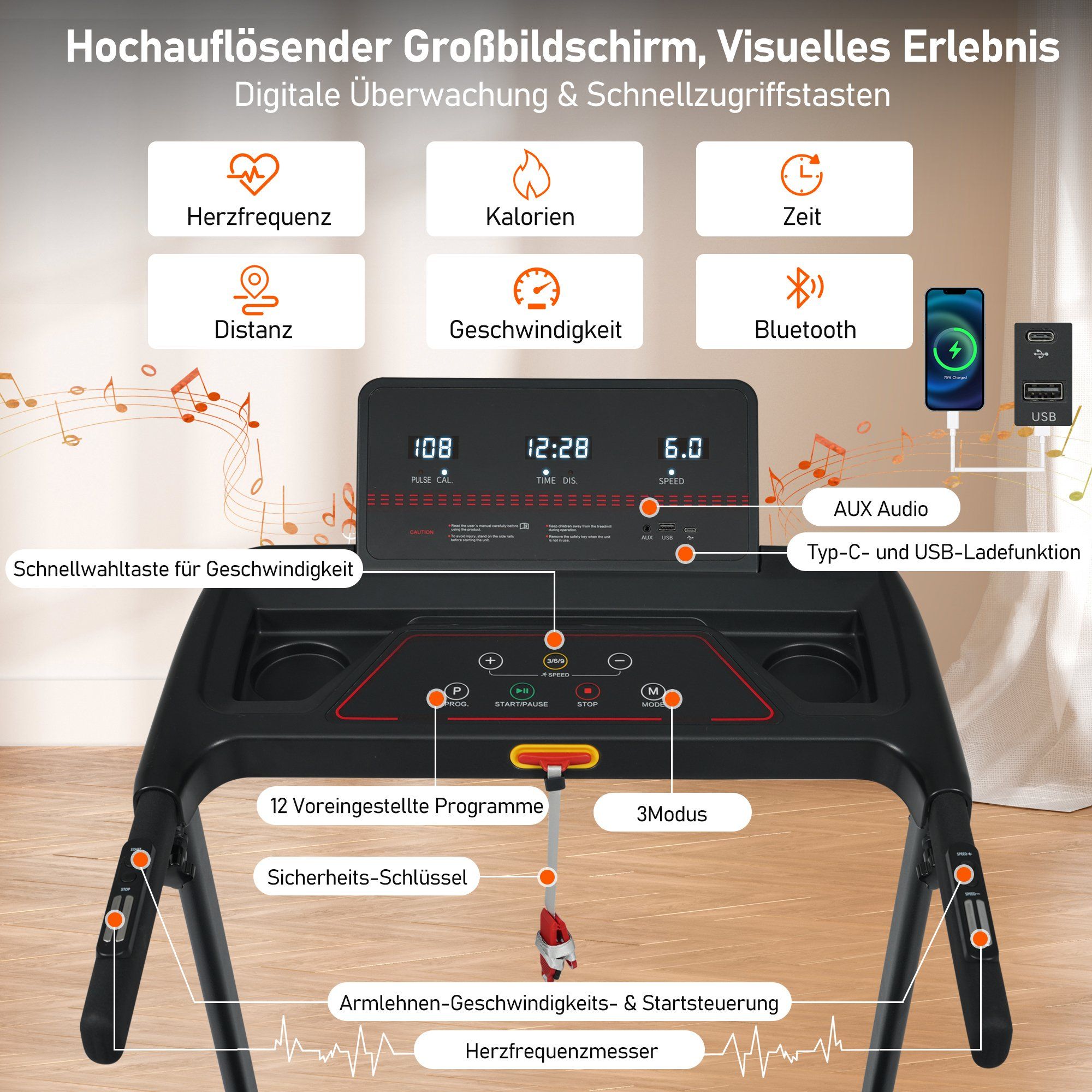 Klappbares Laufband mit 8 % Steigung, 3,0 PS, 14 km/h