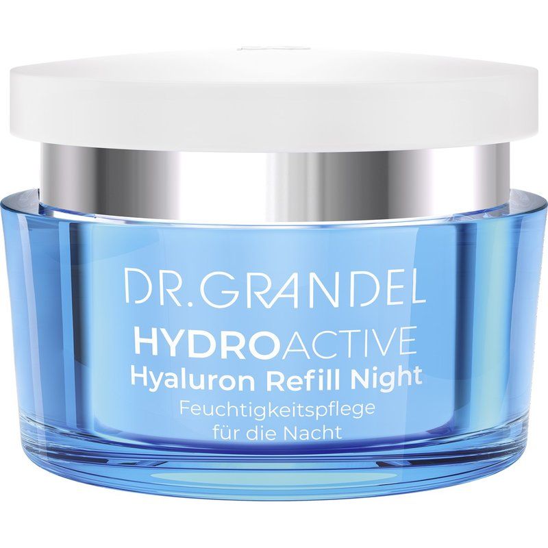 Blaues Cremetiegel mit weißem Deckel. Schriftzug: DR. GRANDEL, HYDRO ACTIVE, Hyaluron Refill Night. Feuchtigkeitspflege für die Nacht.