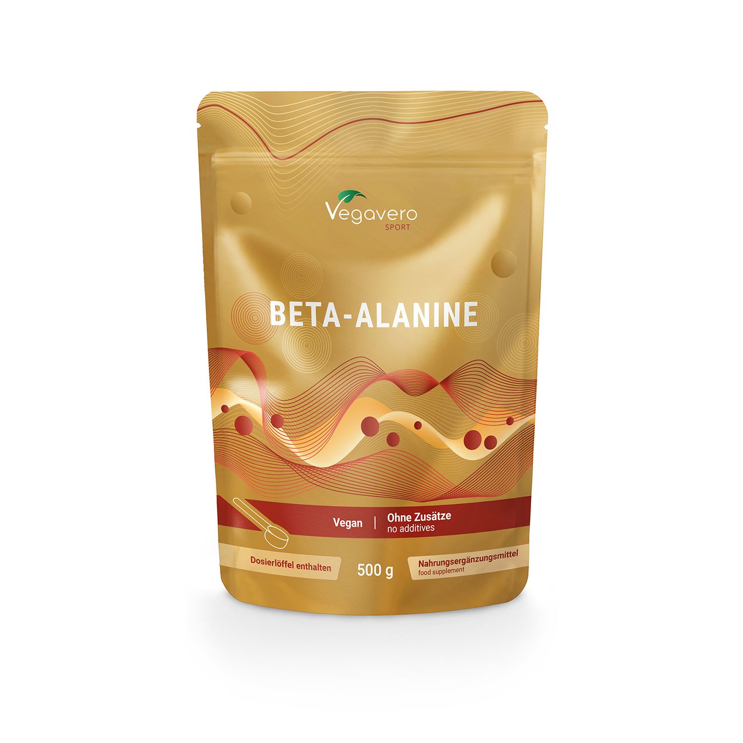 Goldfarbener Beutel mit Beta-Alanin-Pulver. Marke Vegavaro. Aufschrift: Vegan, ohne Zusätze, 500g. Dosierlöffel abgebildet.